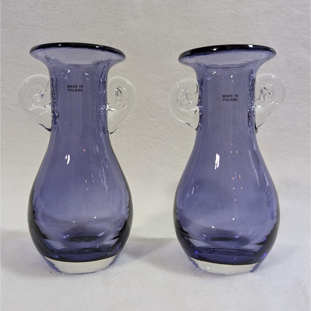 Pair Vintage Amethyst Hand Blown Glass Vases Poland Applied Handles Set Of 2 EUC